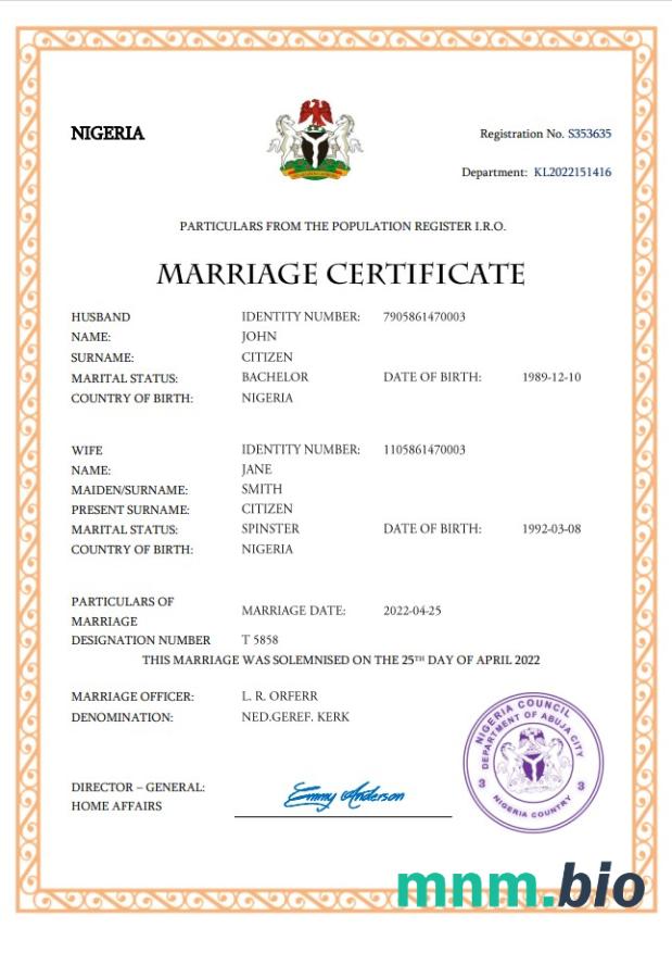 Nigeria akt małżeństwa Word i PDF szablon
